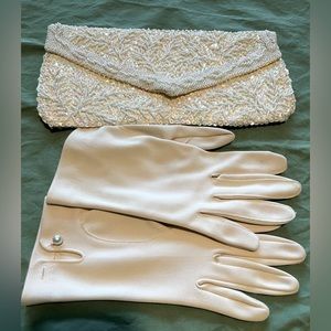 Vintage Hand Beaded Satin Clutch/Purse with Matching Gloves